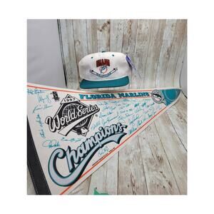 Vintage 1997 Florida Marlins World Series Champions Signature MLB Pennant & Hat